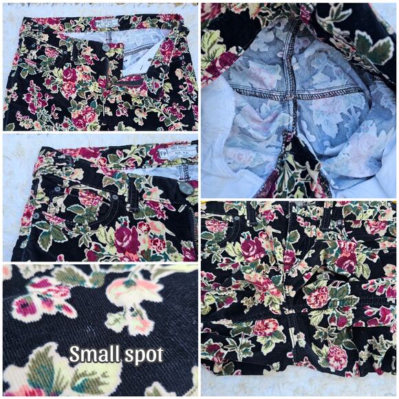 Black Floral Pants Free People Size 26 Stretch Crop Skinny Corduroy Rose Flower - Picture 5 of 9